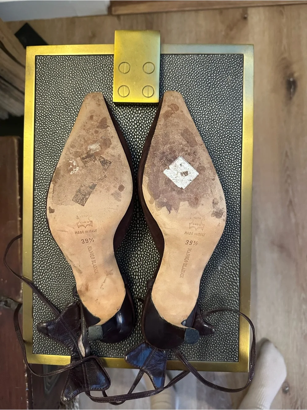 Manolo Blahnik Dark Brown Suede Pointed Toe Ankle Tie Pumps